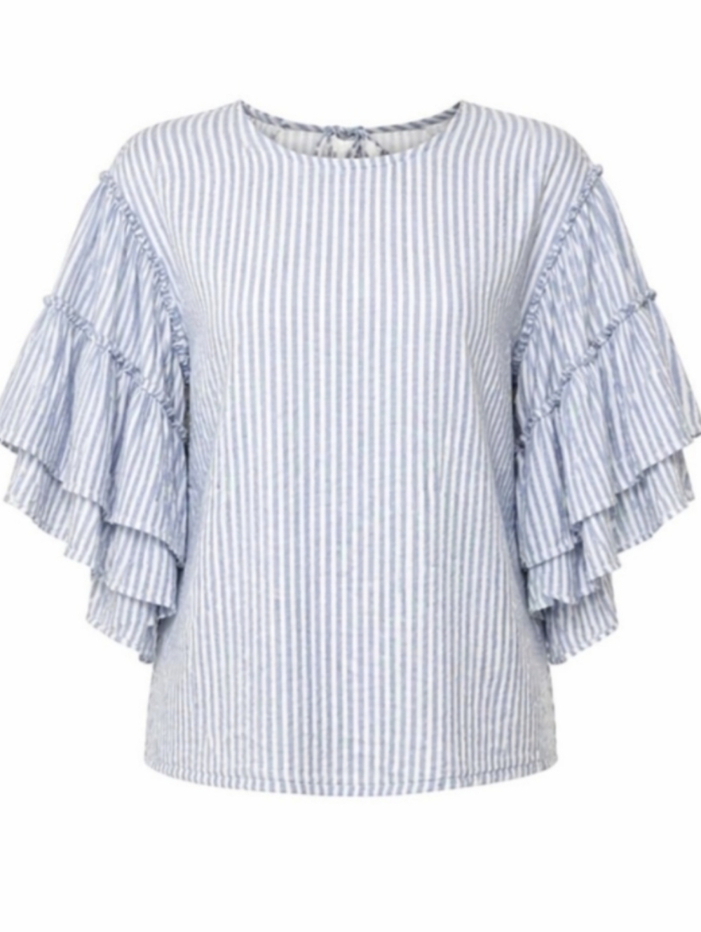 Anthropologie Pilcro Blue White Seersucker Ruffle Sleeve Blouse Open Back Top - Picture 4 of 7